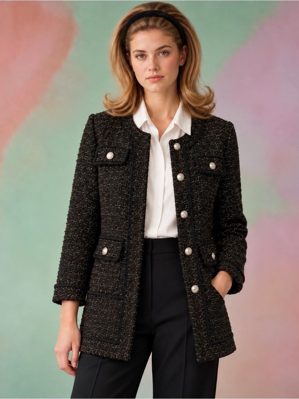 NWT Luii Tweed Jacket Coat Black Gold Thread Polka Dot Lining Clueless Sz Medium